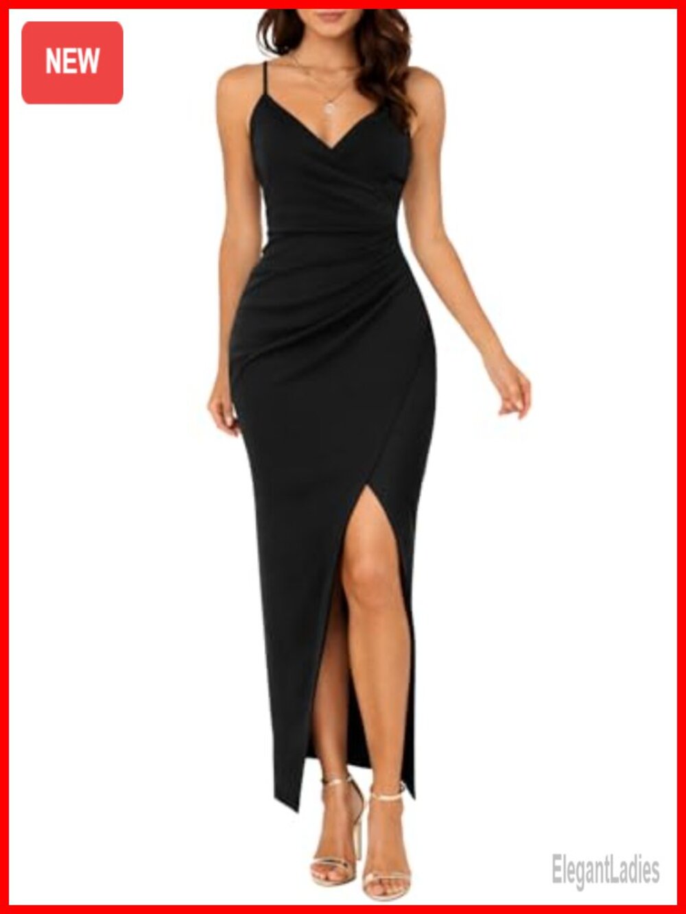 Women's V Neck Wrap Bodycon Maxi Dress Spaghetti Strap Ruched Side Slit Formal